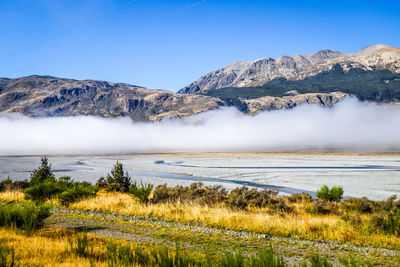 Scenic view of lake against clear blue sky