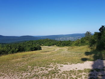 Scenic view of landscape against clear blue sky