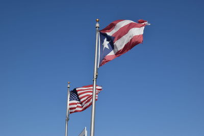 Low angle view of flag against clear blue sky