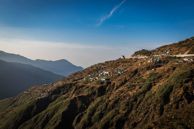 Himalayan breathtaking landscape with bright blue sky