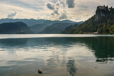 Scenic view of lake by mountains against sky