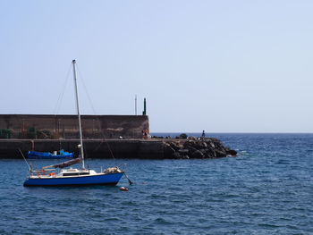 Sailboat sailing in sea against clear sky