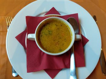 High angle view of breakfast served on table