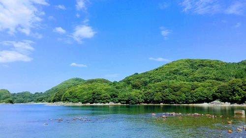 Scenic view of lake and mountains against sky