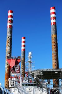 Low angle view of lighthouse against clear blue sky