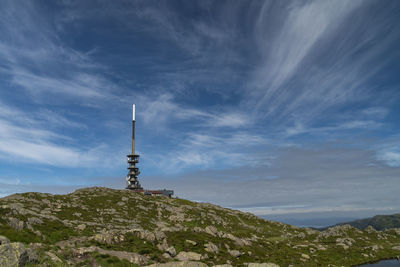 Low angle view of building and mountains against sky