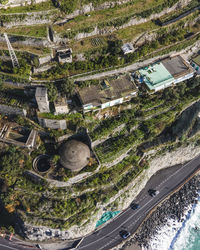 Aerial view of the amalfi drive road along the amalfi coast, salerno, italy.