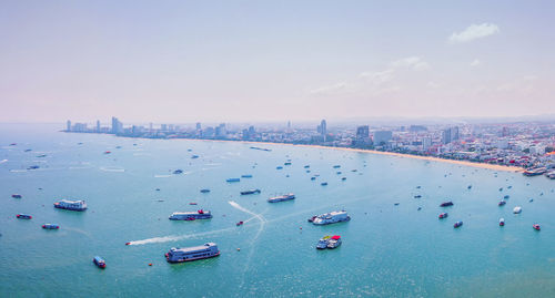 High angle view of boats in sea