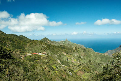 Scenic view of sea and mountains against sky