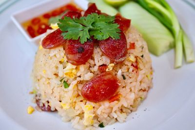 High angle view of food served in plate