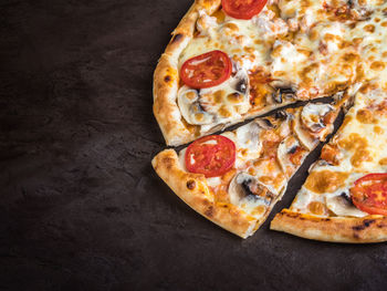 High angle view of pizza on table