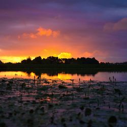 Scenic view of lake against sky during sunset