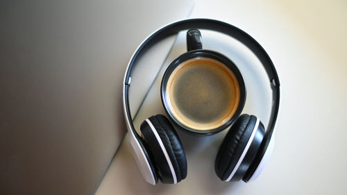 High angle view of coffee cup on table