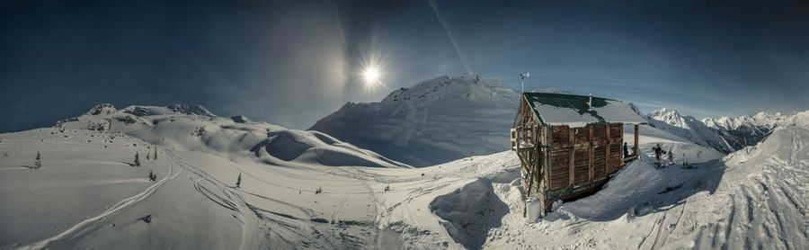 Scenic view of snow covered mountains against sky