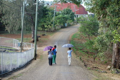 Rear view of people walking on road amidst trees