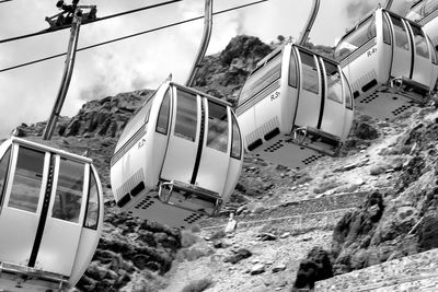 Low angle view of abandoned cable car against sky