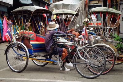 Bicycles parked on street in city