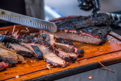 Close-up of meat on barbecue grill