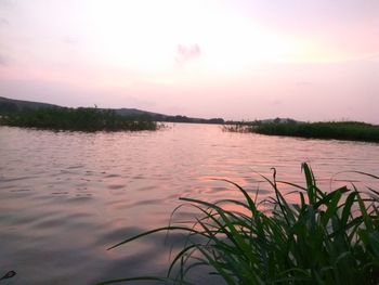 View of calm lake against cloudy sky