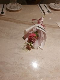 High angle view of rose bouquet on table