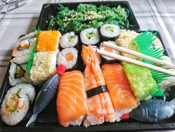 High angle view of sushi in plate on table