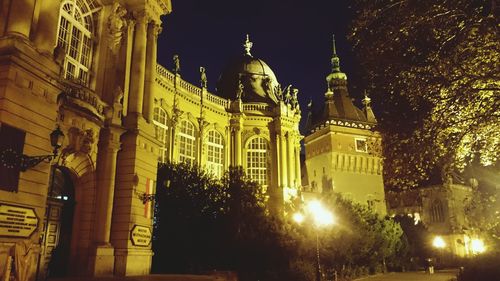 Facade of church at night