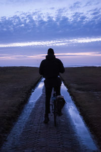 Rear view of man on beach against sky during sunset