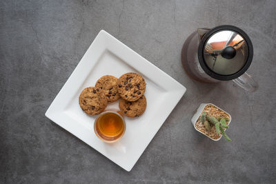 High angle view of breakfast served on table