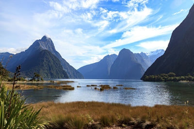 Scenic view of lake and mountains against sky