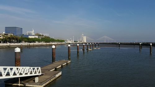 View of suspension bridge in city