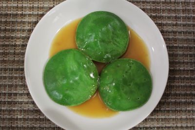 High angle view of fruits in plate on table