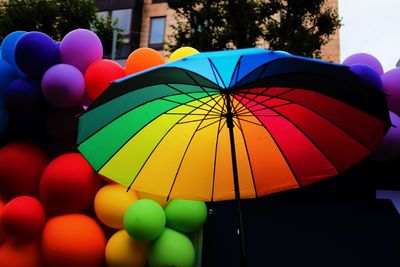 Close-up of multi colored balloons and umbrella outdoors