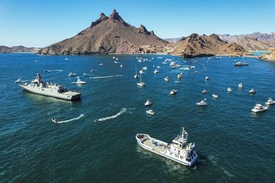 High angle view of boats in sea