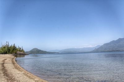 Scenic view of lake against clear blue sky