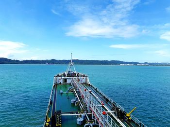 High angle view of ship on sea against sky