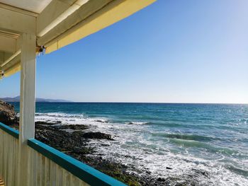 Scenic view of sea against clear blue sky