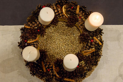 High angle view of christmas decoration on table