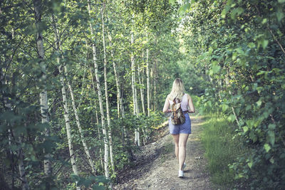 Rear view full length of woman walking at forest