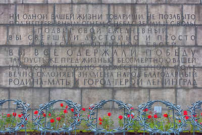 Close-up of text on wall by building