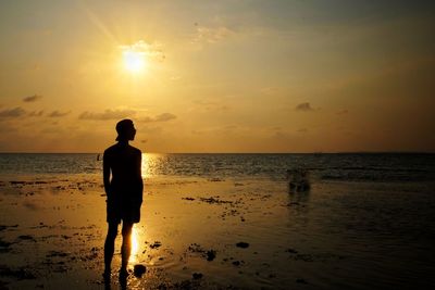 Rear view of a man standing on beach at sunset