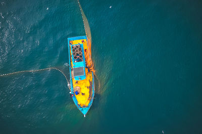 High angle view of ship in sea