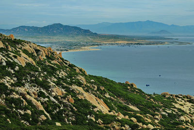 Scenic view of sea and mountains against sky