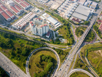 High angle view of city street and buildings