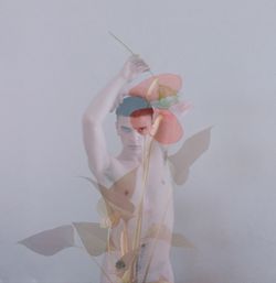 Double exposure of flowers and naked man against white wall