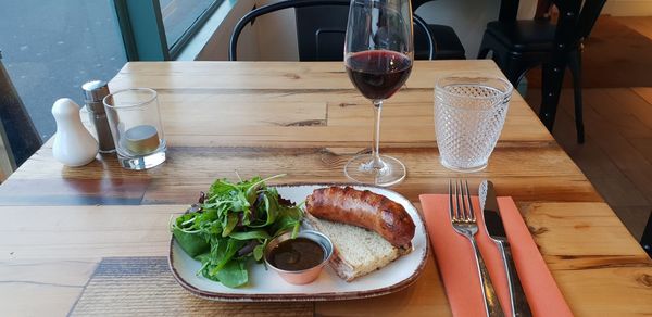 High angle view of breakfast served on table