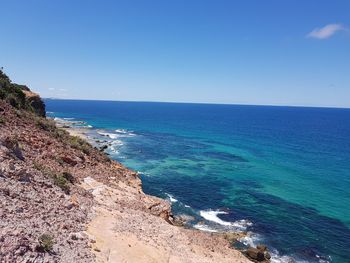 Scenic view of sea against clear blue sky