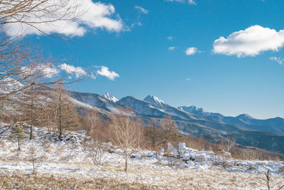 Scenic view of snowcapped mountains against sky