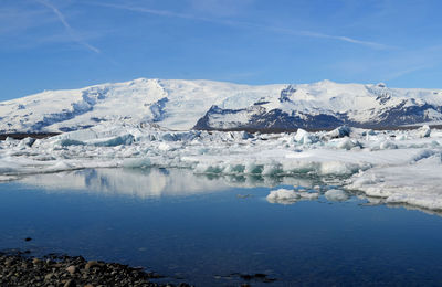 Stunning view of jokulsarlon's lagoon with ice and snow.