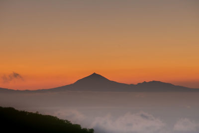 Scenic view of silhouette mountains against orange sky