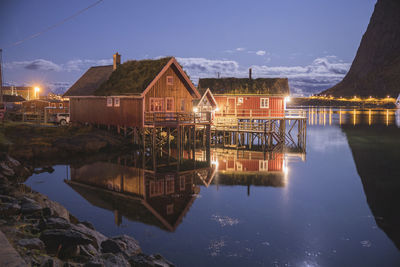 Palatial houses typical of the lofoten islands at night